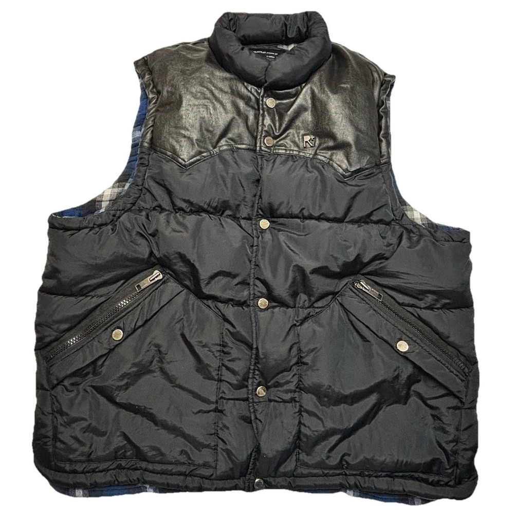 Y2K Rocawear Leather Yoke Puffer Vest Black 2XL Hip Hop Streetwear